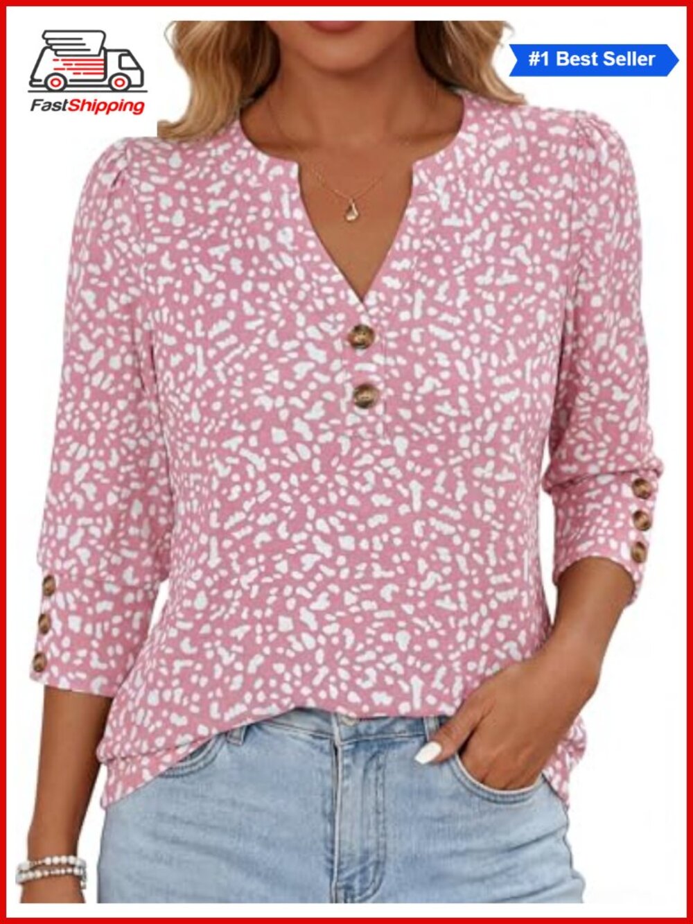 Women's 3/4 Sleeve Henley Tunic Blouse Loose Fit V Neck Button Top